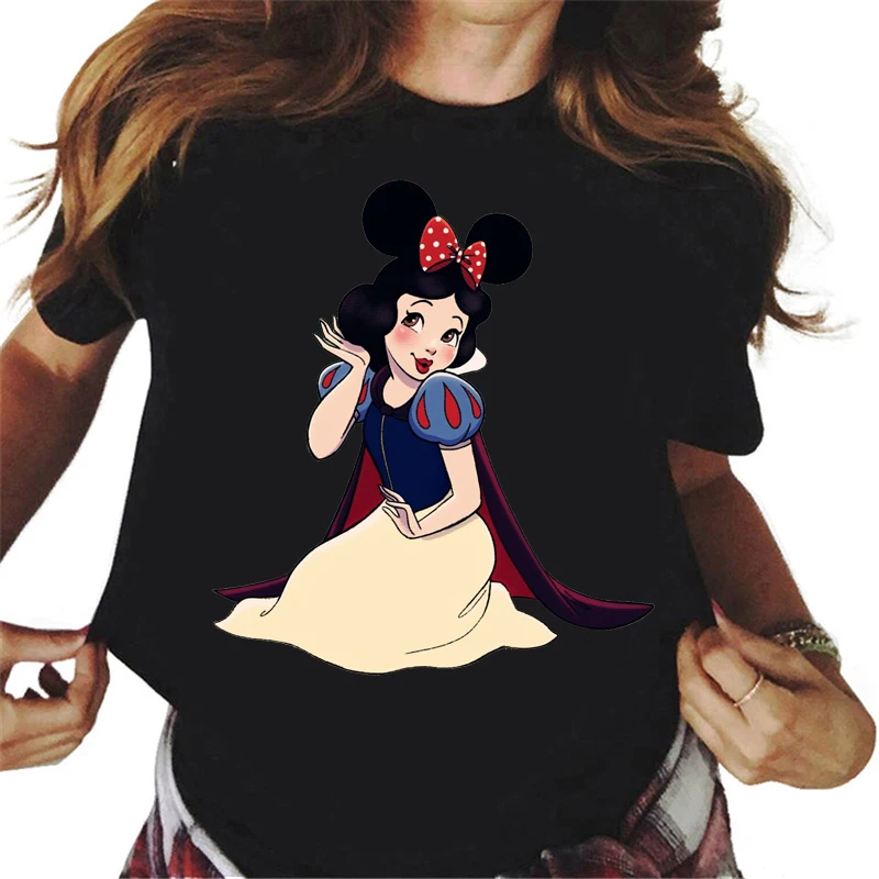 Mickey Ear Hat Ariel The Little Mermaid Print Women T-shirts Casual Streetwear Vintage Harajuku Princess Print T Shirt 90s Girls