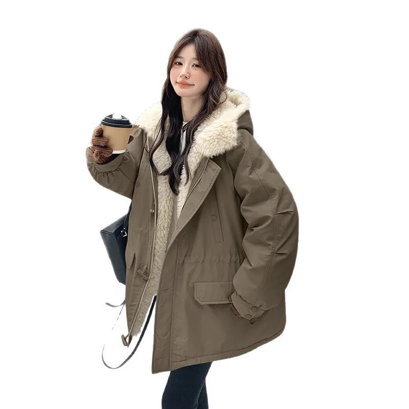 Off White Pie overwint dames 2025, herfst en winter, nieuwe stijl, Koreaanse collegestijl, capuchon, warm en pluche, anti-lamhair katoen