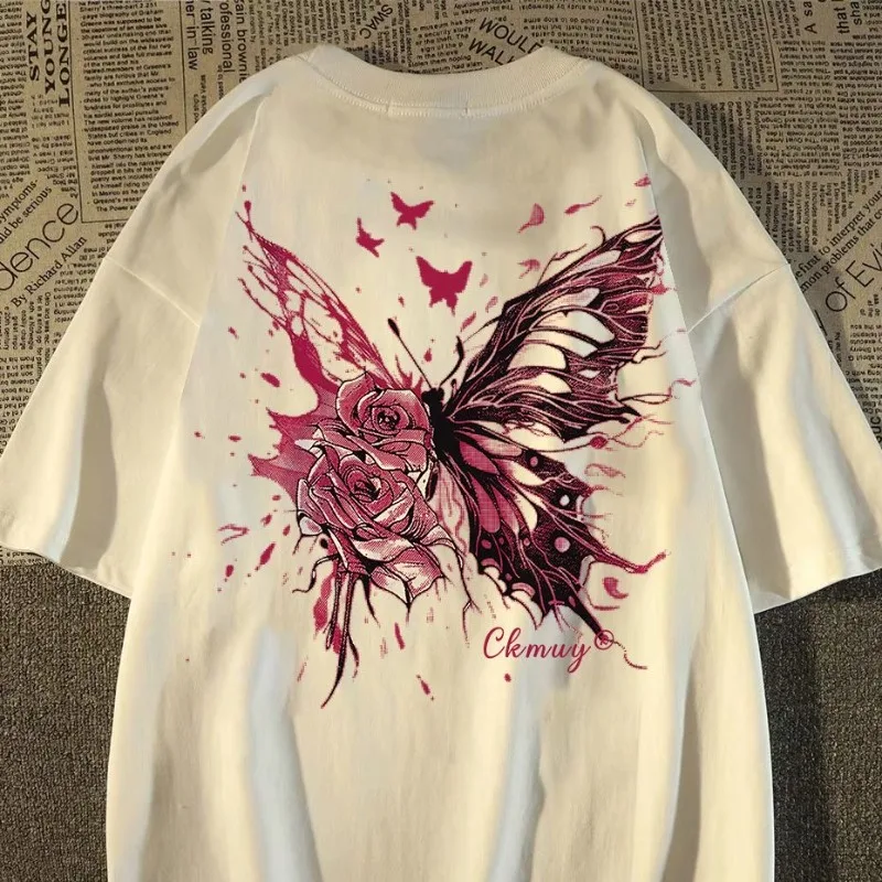 

Модная брендовая футболка Y2k с коротким рукавом для мужчин и женщин на том же лето, свободная креативная футболка с рукавом до локтя и бабочкой и розой