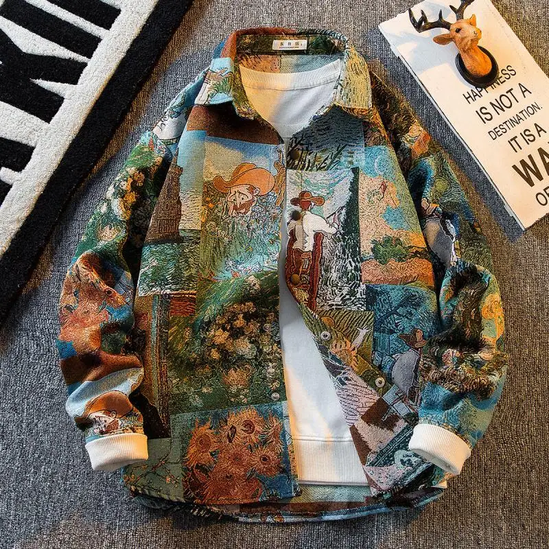 Men\'s abstract pattern long sleeved shirt men\'s autumn loose and high-end feeling handsome shirt long sleeve shirt men