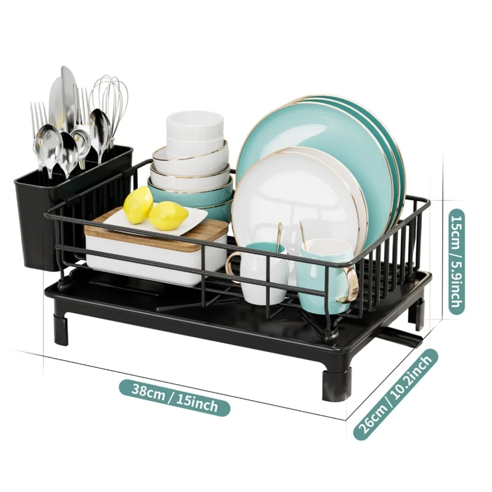 Two tier dish rack for kitchen with utensil storage drainage bottom elevated feet and special slots for knives