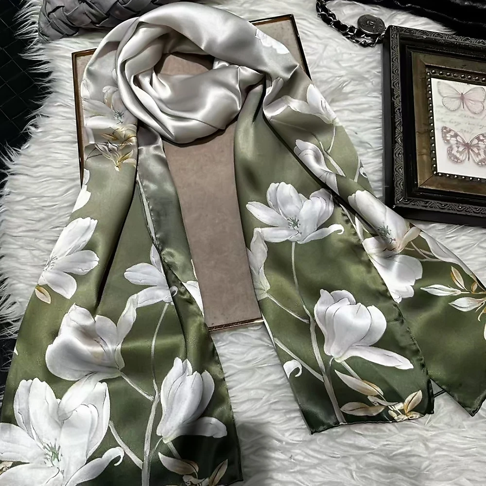 Army Green 100% Silk Ladies's Scarves Shawl Printed Dufanda Fall Winter Long Neck Scarf Wrap Fashion Brand Silk Hair Scarf Cape