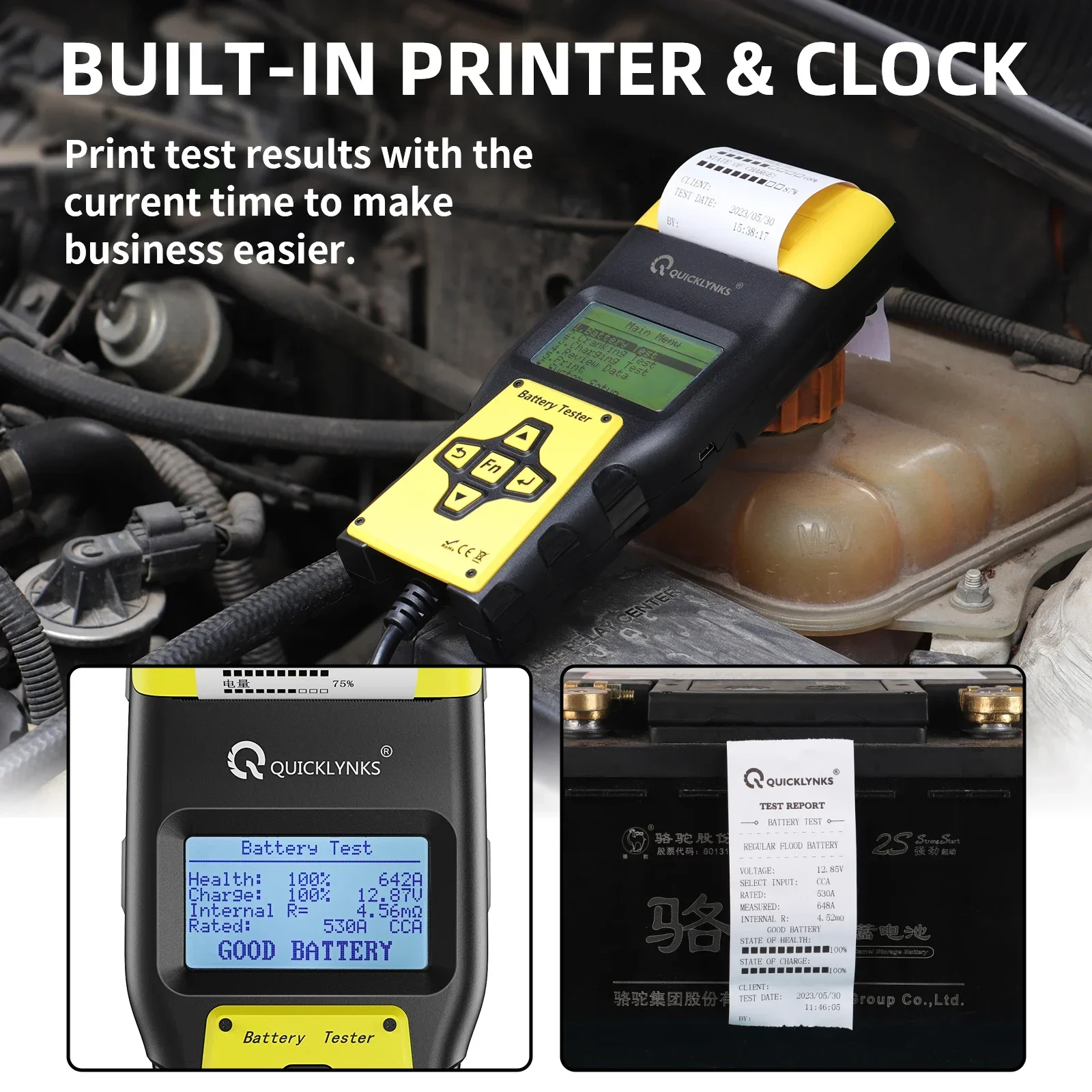 2025년 핫세일 퀵링크스 BA1000 리튬이온 배터리 테스터 (차량용 12V, 프린터 포함) 자동차 배터리 테스터 (프린트 기능 포함) 6V 12V