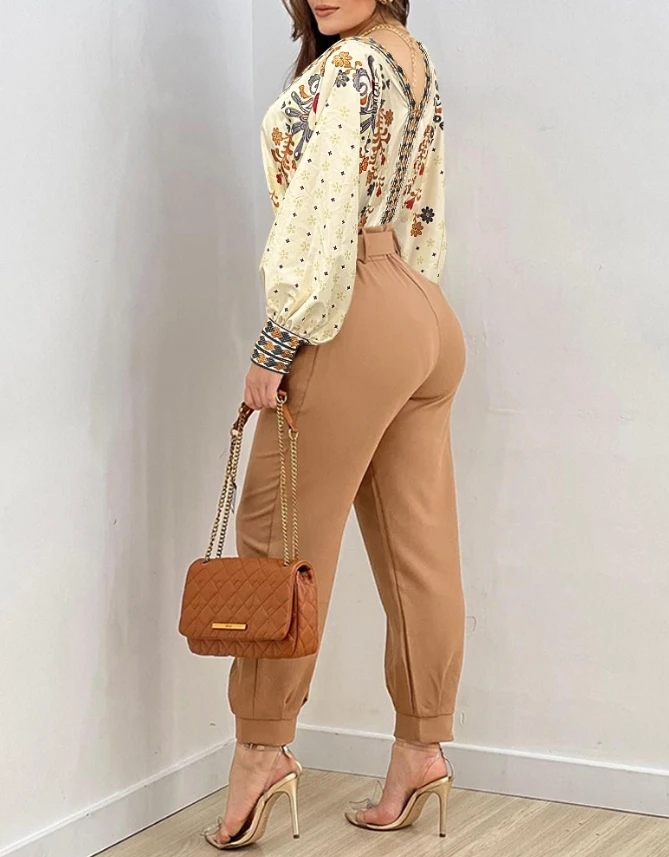 Women's Fashion Two Piece Set 2024 Spring/Summer New V-neck Flower Tribe Printed Lantern Sleeves Top and Elegant Pants Set