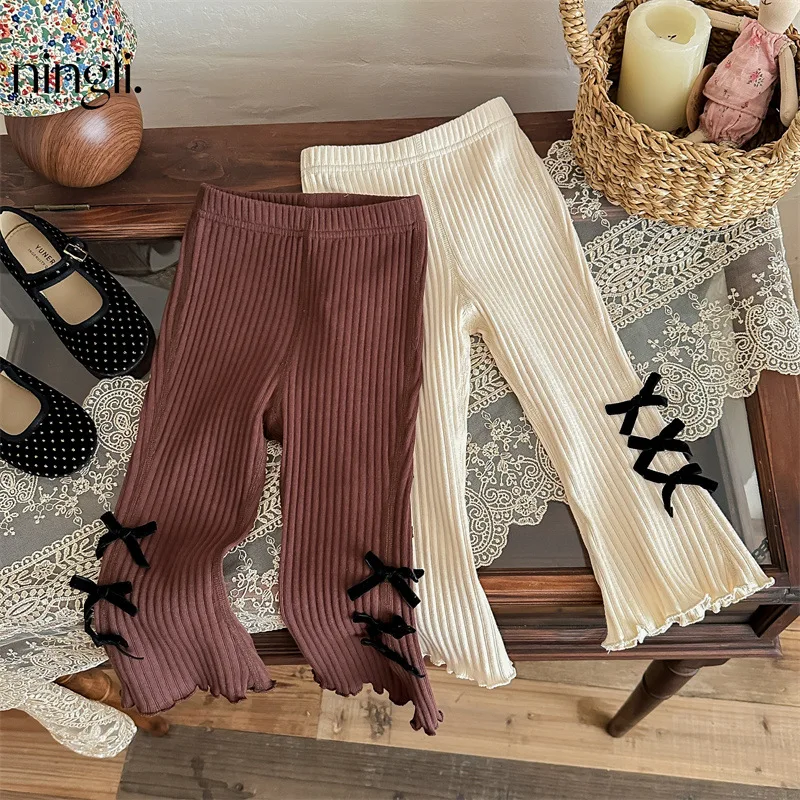 Girl Pants Spring Autumn 2024 New Knitting Bow Leggings Casual Simple Fashion Sweet Korean Active Vintage Spliced Cute Comfort