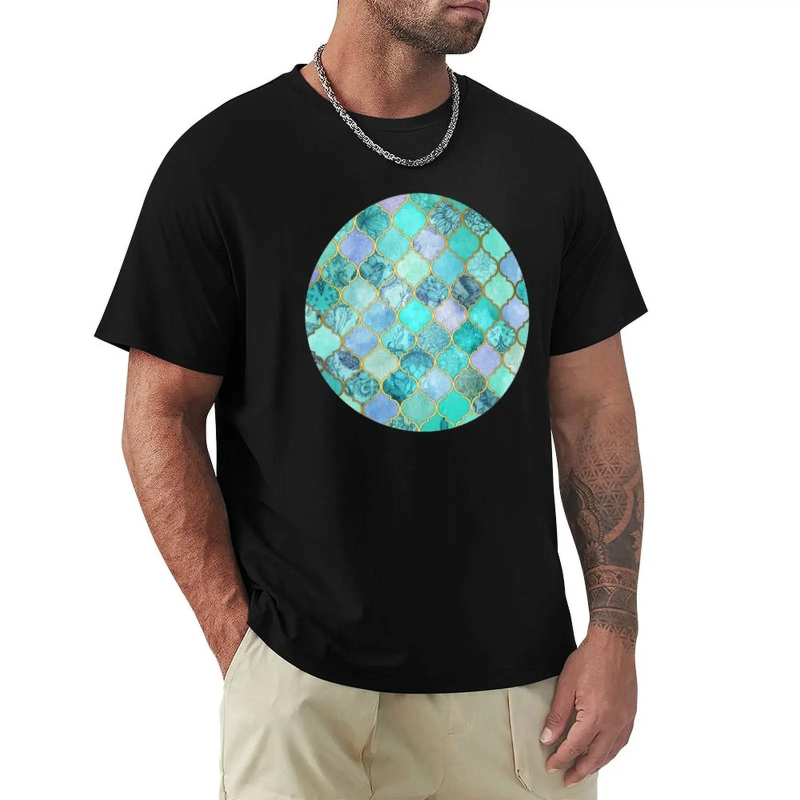 Camiseta con estampado decorativo de azulejos marroquíes Cool Jade & Icy Mint, camiseta deportiva de verano de secado rápido