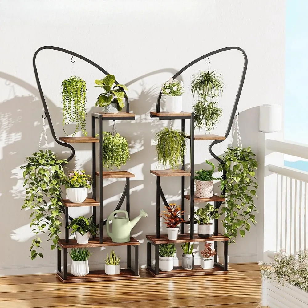 6-story indoor butterfly shaped plant rack, high metal plant rack with 6 plant hooks and 12 wooden boards, large ladder