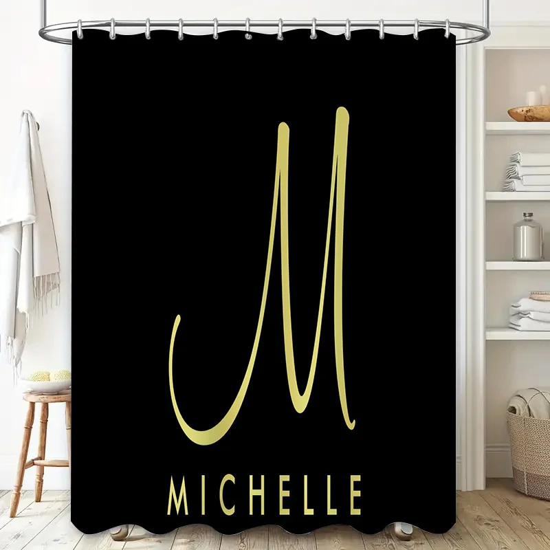 Personalized Initial Monogram Shower Curtain Custom Name Letter Decorative Bathroom Liner for Home Decoration Black with Gold M
