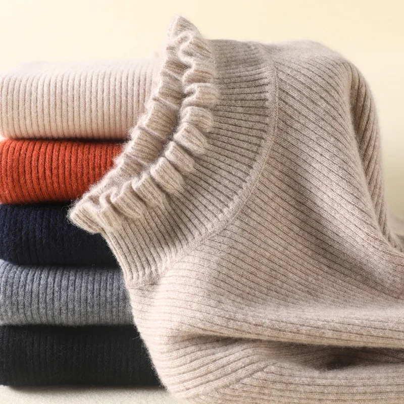 

Women's Sweater Pullovers Ruffles Neck Autumn Winter Thick Warm Bottoming Shirts Korean Fashion Strecth Knitwears Slim Fit Tops