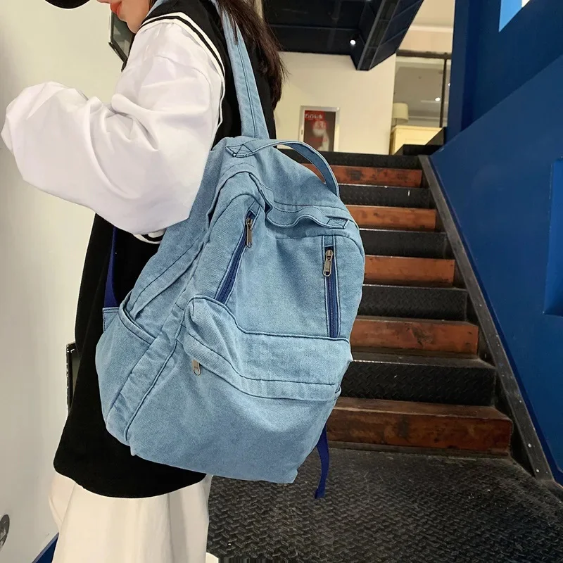 Casual Denim Women's Backpack Large Capacity College Students School Bag For Girls Vintage Simple Male Travel Backapck