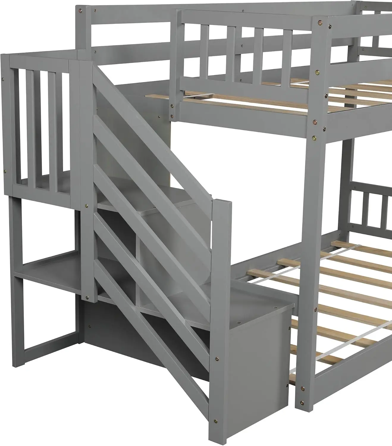 سرير مزدوج بطابقين مع سلالم، سرير خشبي بطابقين مزدوج الحجم مع مساحة تخزين للأطفال المراهقين، رمادي