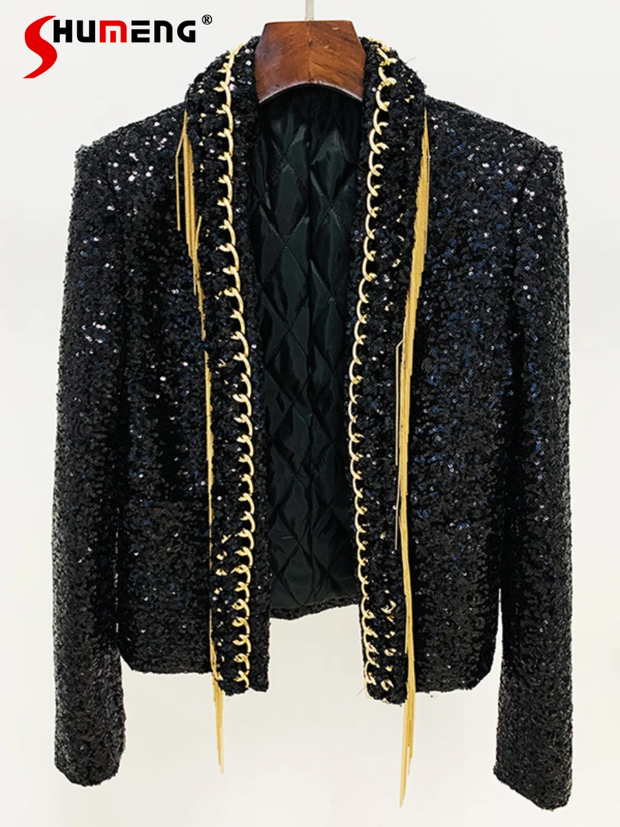 

Spring 2024 Fashion New Jackets Tassel Chain Sequined Jacket Long Sleeve Loose Comfort Trendy Feminine Jacket Women's Clothes