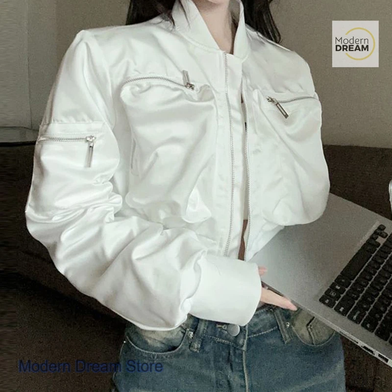 

Korean style chic zipper solid color fashion top women's spring and autumn short slim little temperament high sense tooling coat