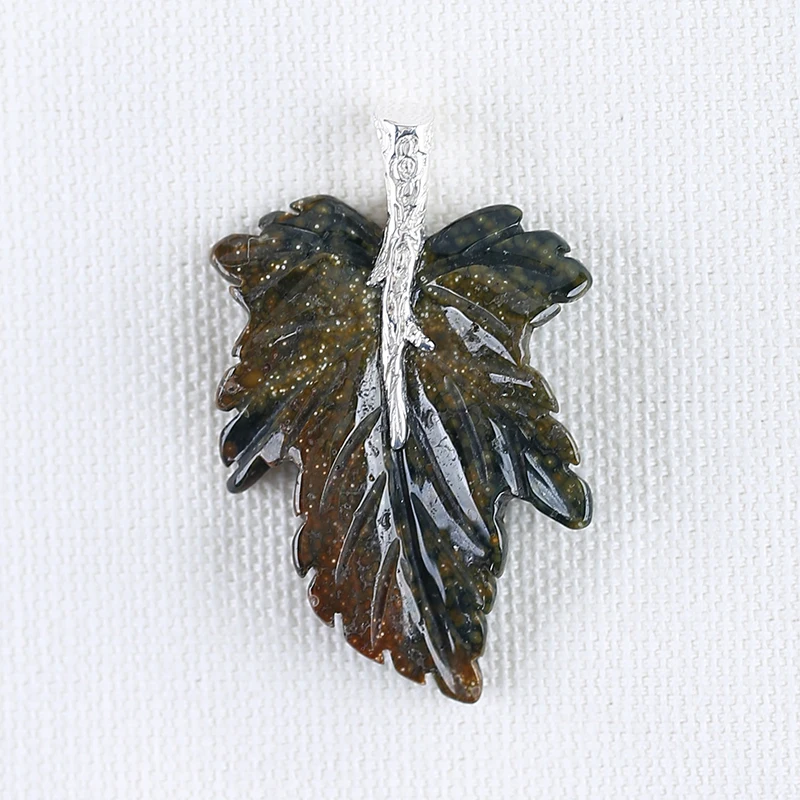 

Natural Gemstone Ocean Jasper Handcarved Leaf Pendant 925 Sterling Silver Necklace Accessories 45x28x6mm 7.7g