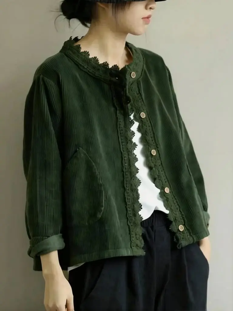 Vintage Casual Lace Patchwork Corduroy Oversize Cropped Jacket Women Elegant Long Sleeve Mom Middle Age Outwear Spring Fall Coat