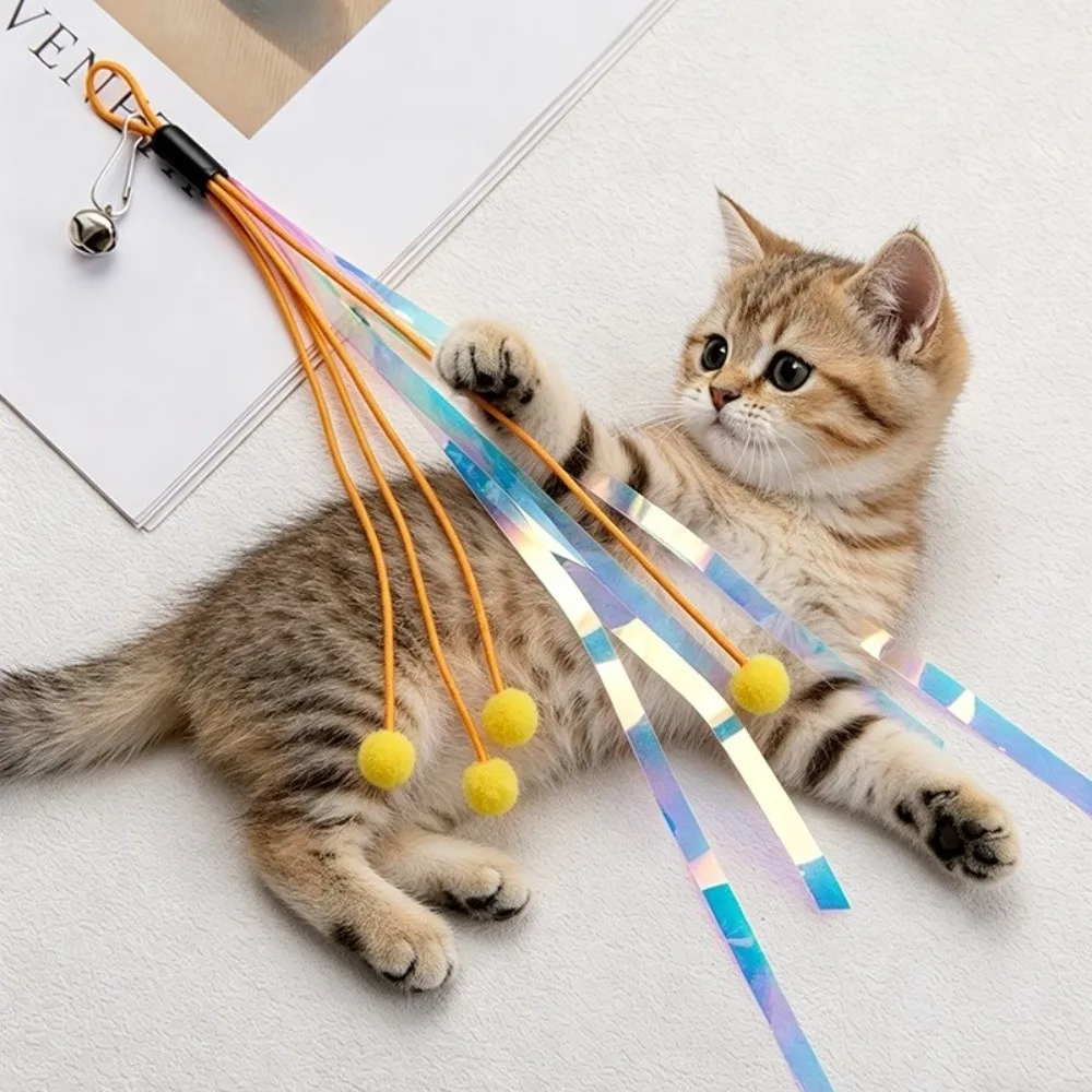 Colorful Tassels Cat Teaser Refills Crinkle Paper Soft Plush Ball Cat Wand Toy Resistant To Biting with Bell Cat Teasing Stick