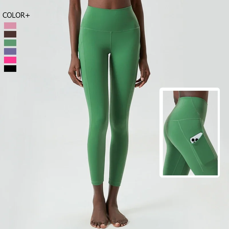 ผู้หญิงสูงเอวกีฬากางเกงขายาวสีทึบ Buttery Soft Pocket กางเกงโยคะ SLIM FIT ยืดออกกําลังกายวิ่ง Tights กีฬา