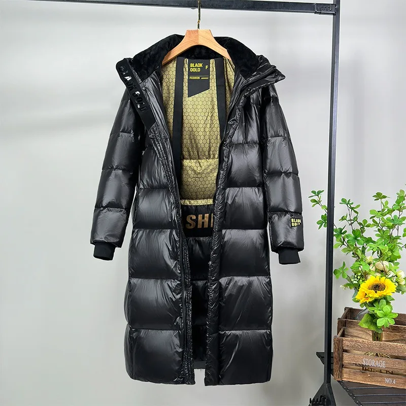 Winter Black Hooded Down Jacket Women's Mid-Length White Duck Down Coat Warm Thick Windproof Trench Coat Long Sleeve Snow Jacket view 2