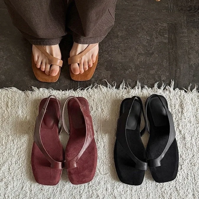 High Quality Suede Square Toe Women's Flip Flops Shoes Clip Toe Slip On Flat Sandals Casual Open Toe Beach Party Daily Slippers