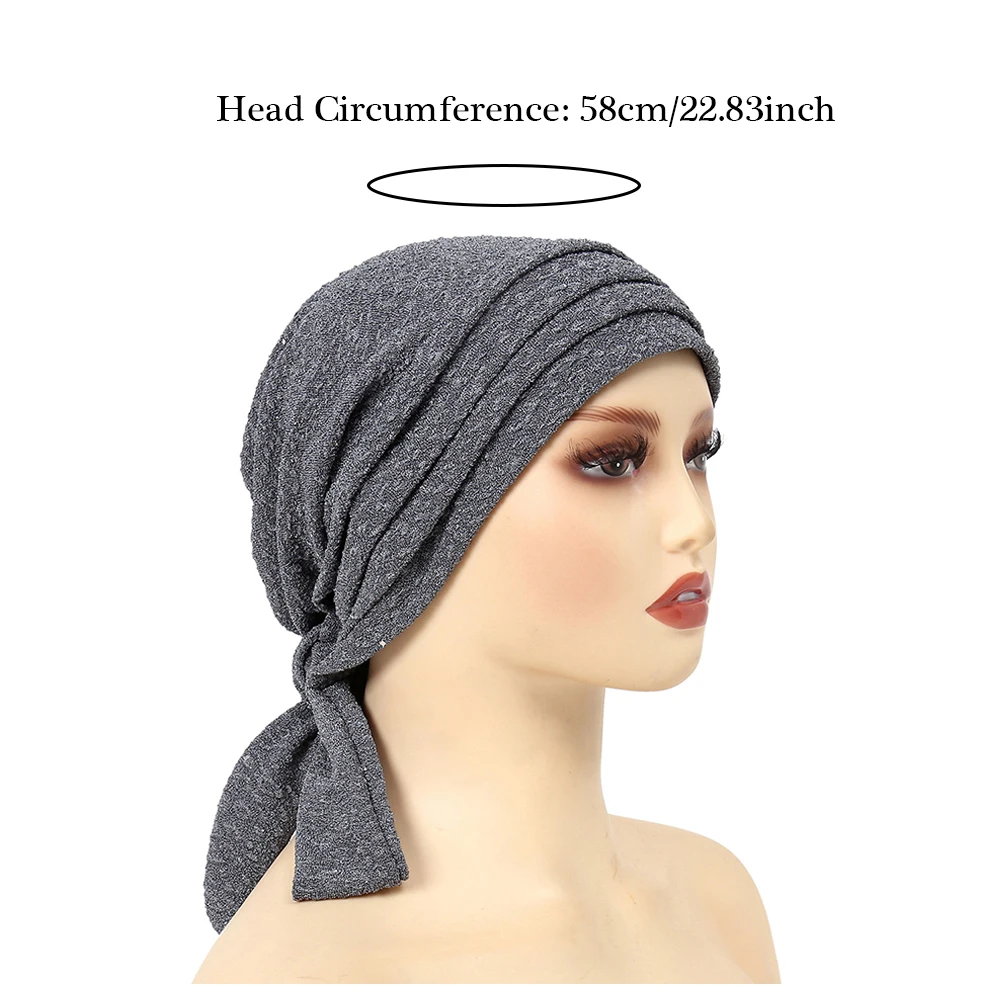 Solid Color Crinkle Turban Hijab Hats Long Tail Head Wraps Elastic Muslim Hats Breathable Chemotherapy Cap For Women Girls