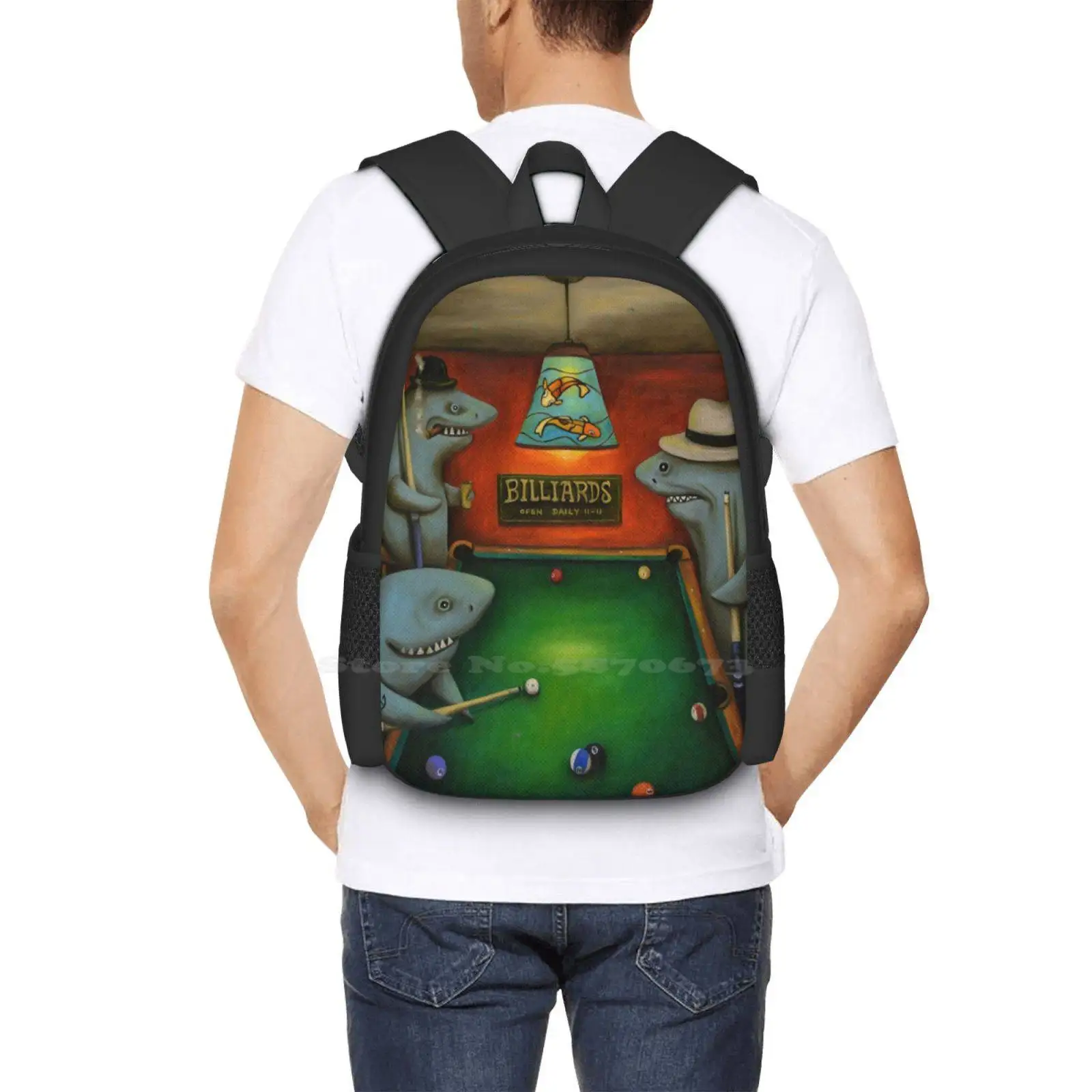 Pool Sharks Hot Sale Schoolbag Backpack Fashion Bags Sharks Billiards Game Gambling Humor Cigar Smoking Koi Goldfish Stained image 6