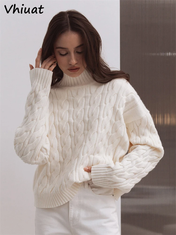 

Vhiuat Autumn Winter Women's Turtleneck Long Sleeve Sweater Oversize Vintage Knite Pullover Warm Jumper Tops Pulls Femmes 2025