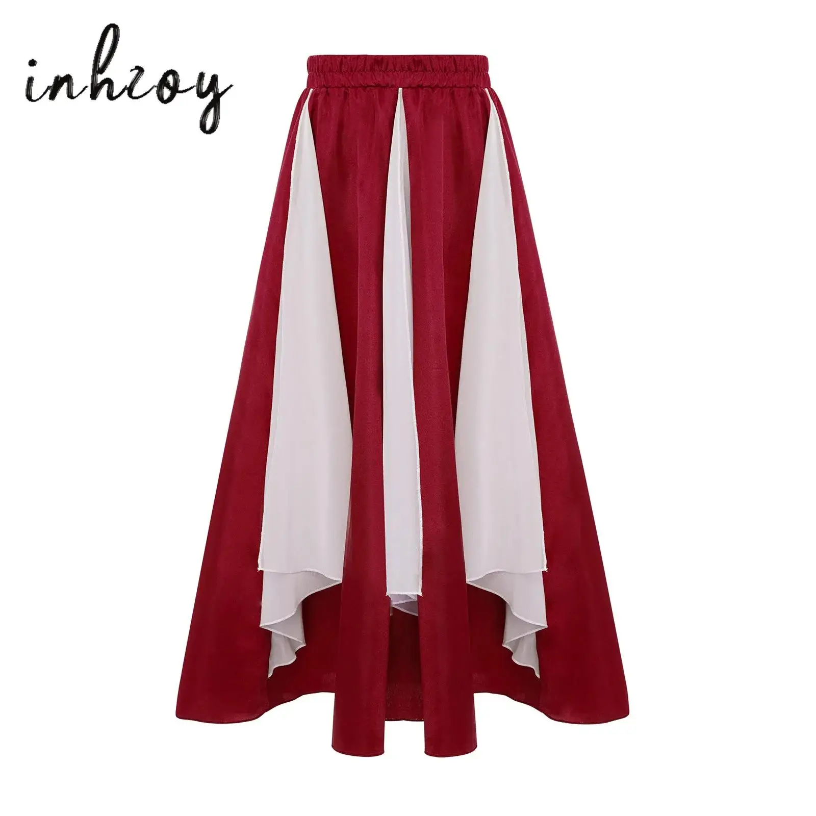 

Kids Girls Praise Dance Skirts Worship Stage Performance Flamenco Costume Color Block Wide Hemline Chiffon Panel Satin Skirt
