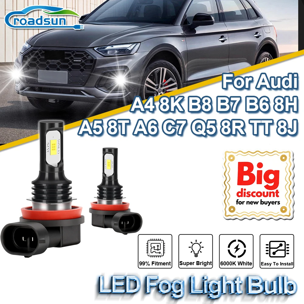 ROADSUN 2Pcs 150W H11 LED Nebel Lampe Ampulle 20000LM Auto Nebel Lichter Lampen 6000K Für Audi A4 8K B8 B7 B6 8H A5 8T A6 C7 Q5 8R TT 8J