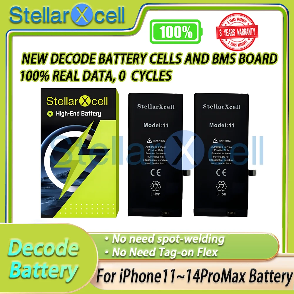 

2Pcs StellarXcell Decode Battery No Need Spot-Weldind For iPhone 11 11pro Max 12 12pro 13 13pro 13promax 14 14promax Battery