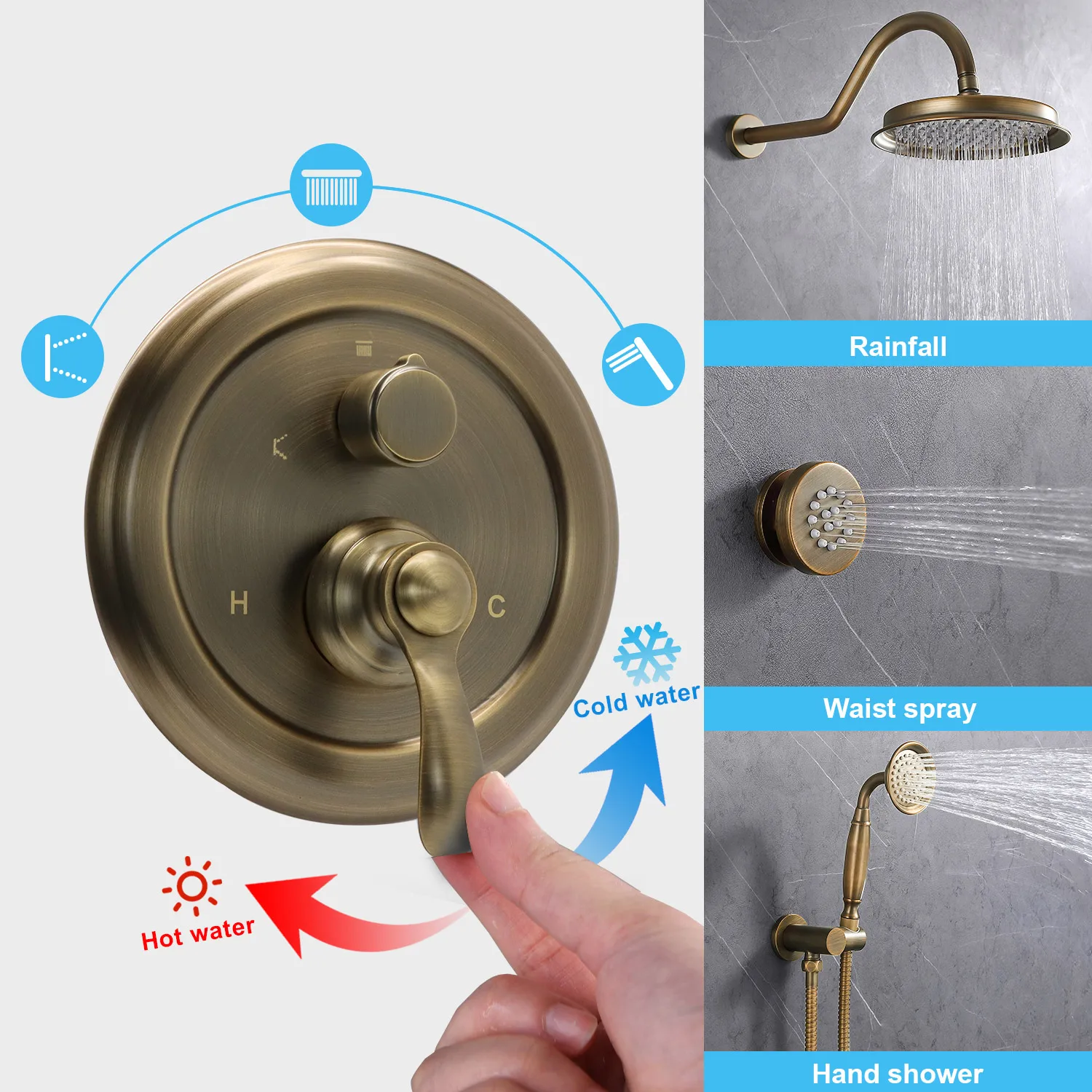 Antique Brass 3-Way Shower Diverter Valve Replacement, Pressure Balancing Hidden 3 Outlet Multi Function Mixer Solid Brass Valve