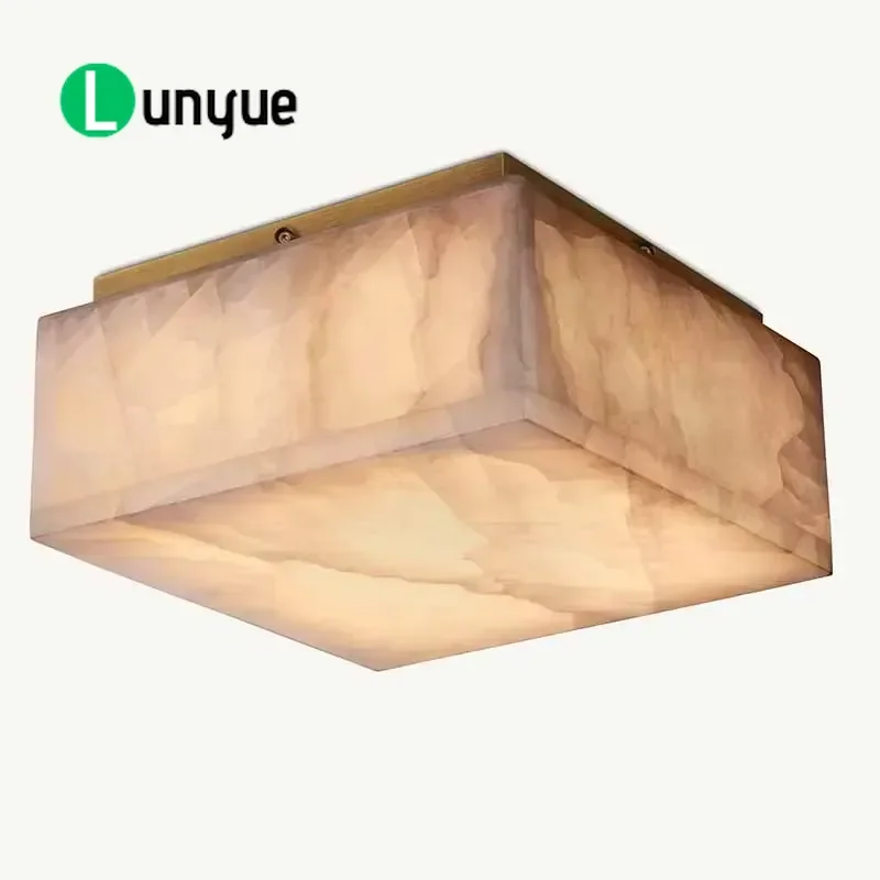 American Luxury Simple Steel Ceiling Light Modern Square Alabaster Fixture for Bedroom Study Living Room Creative Flush Mount