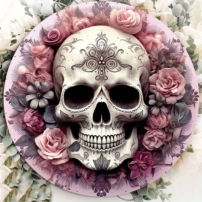 Aluminum Metal Sign for Halloween, Sugar Skull Wreath Sign, Pink and Gray Floral Wreath Attachment, 8x8in, 1PC