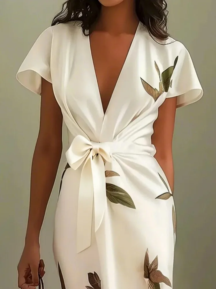 ชุดเดรสออกงานกลางคืนสำหรับผู้หญิง ดีไซน์หรูหรา คอวี ลายใบไม้ ปี 2025 แขนสั้น ผ่าข้าง ผูกเอว ชุดราตรีงานพรอม