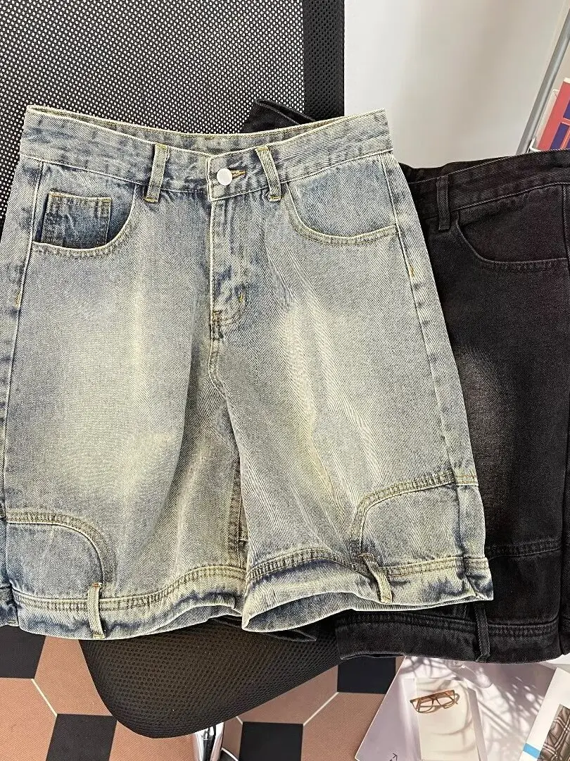 

Мужские джинсы-шорты в стиле ретро, свободные, широкие, до колена, летние, в стиле хип-хоп, модные брендовые джинсы-шорты