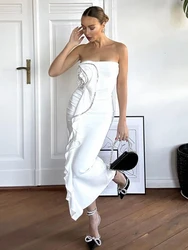 Sexy Strapless 3D Flower Crystal Bandage Dress Women White Diamond Ruffle Edge Midi Bodycon Dresses Evening Party Club Gowns