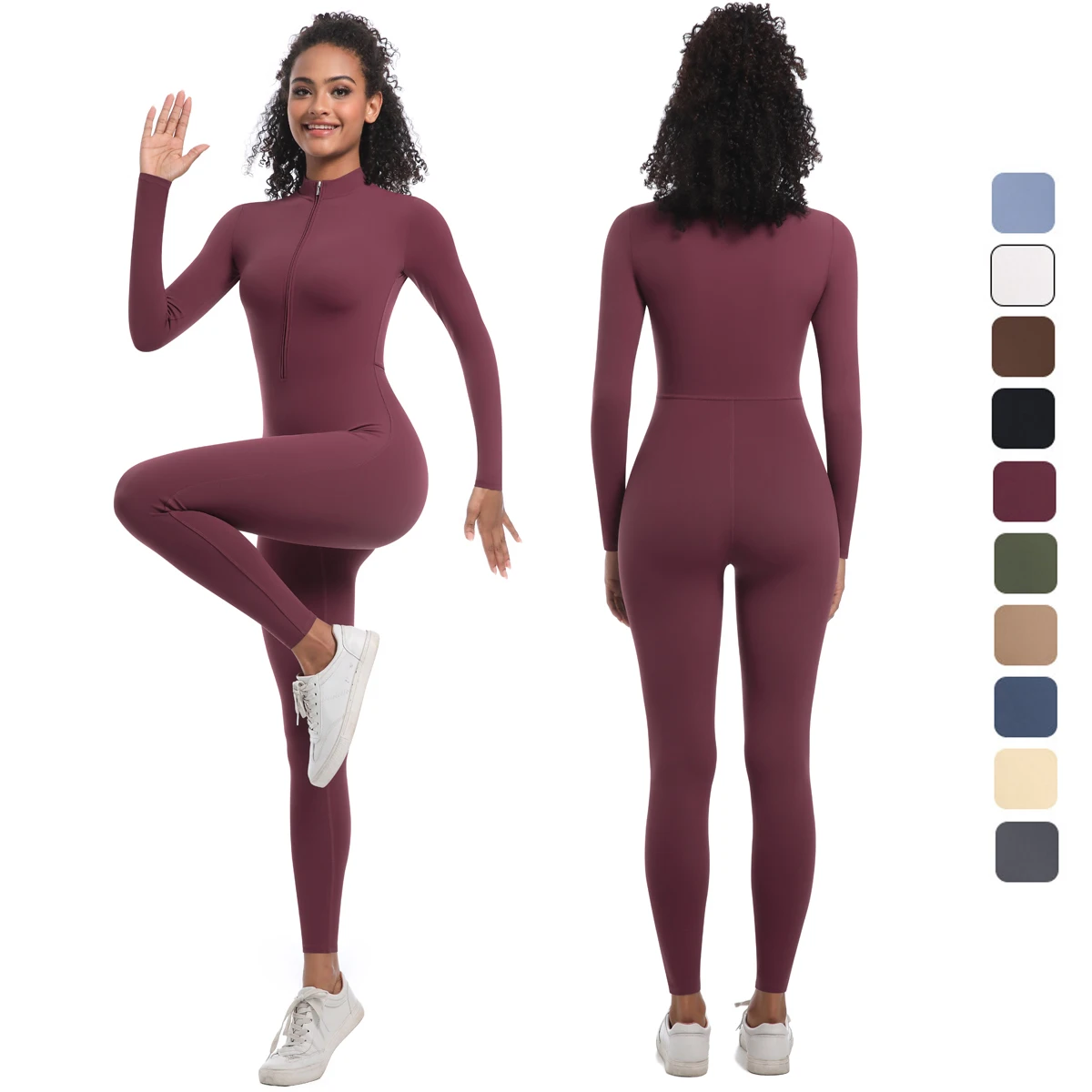 Solid Color Bodysuit Yoga Zipper for Woman High Strength Workout Scrunch Long Sleeves Pants Jumpsuits Gym Lifting Sport Yoga Set