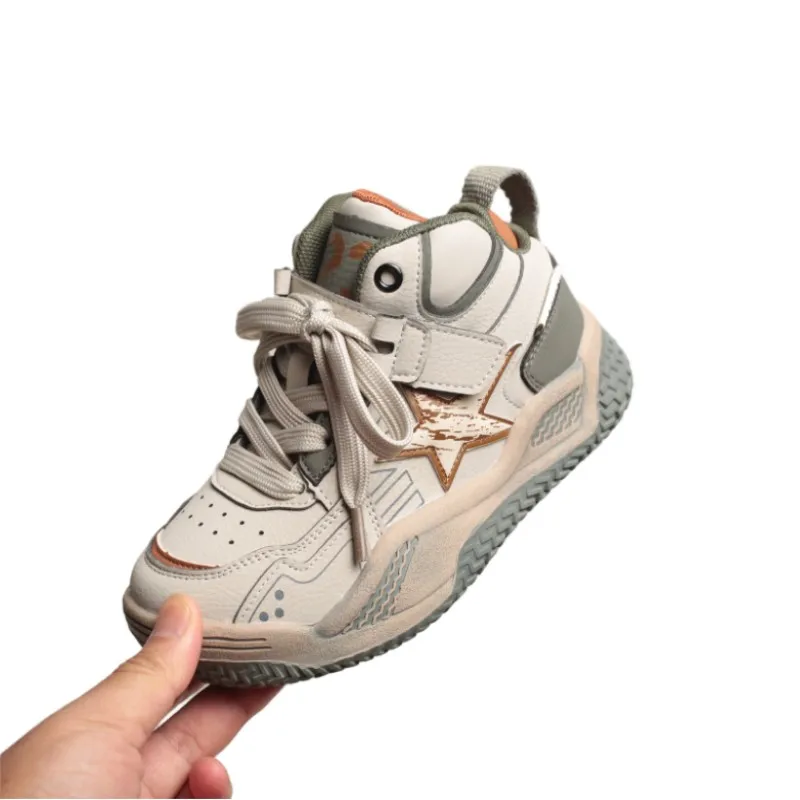 Autumn new khaki boys' mid to high top basketball shoes girls' retro distressed color fashionable sports shoes Kids dad shoes