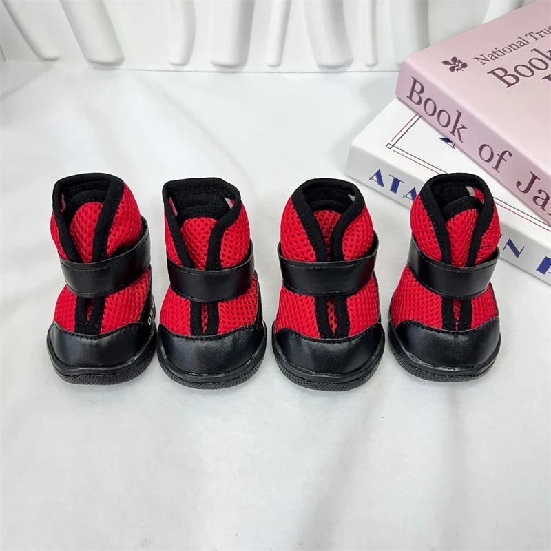 4pcs Mesh Fabric Dog Shoes Pet Dog Boots Waterproof Reflective Rugged Anti-Slip Sole Skid-Proof Outdoor for Small Dog