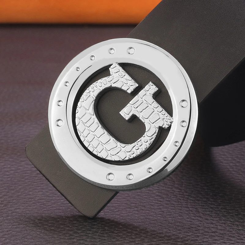 G レターバックルメンズベルト幅 3.8 センチメートル本革黒色ゴールデンウエストストラップ男性牛革