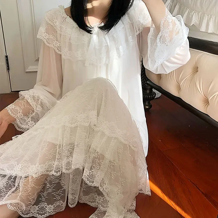 Women\'s Lolita White Princess Dress Sleepshirts Vintage Palace Style Multilayer Lace Mesh Nightgowns.Nightdress Sleep Loungewear