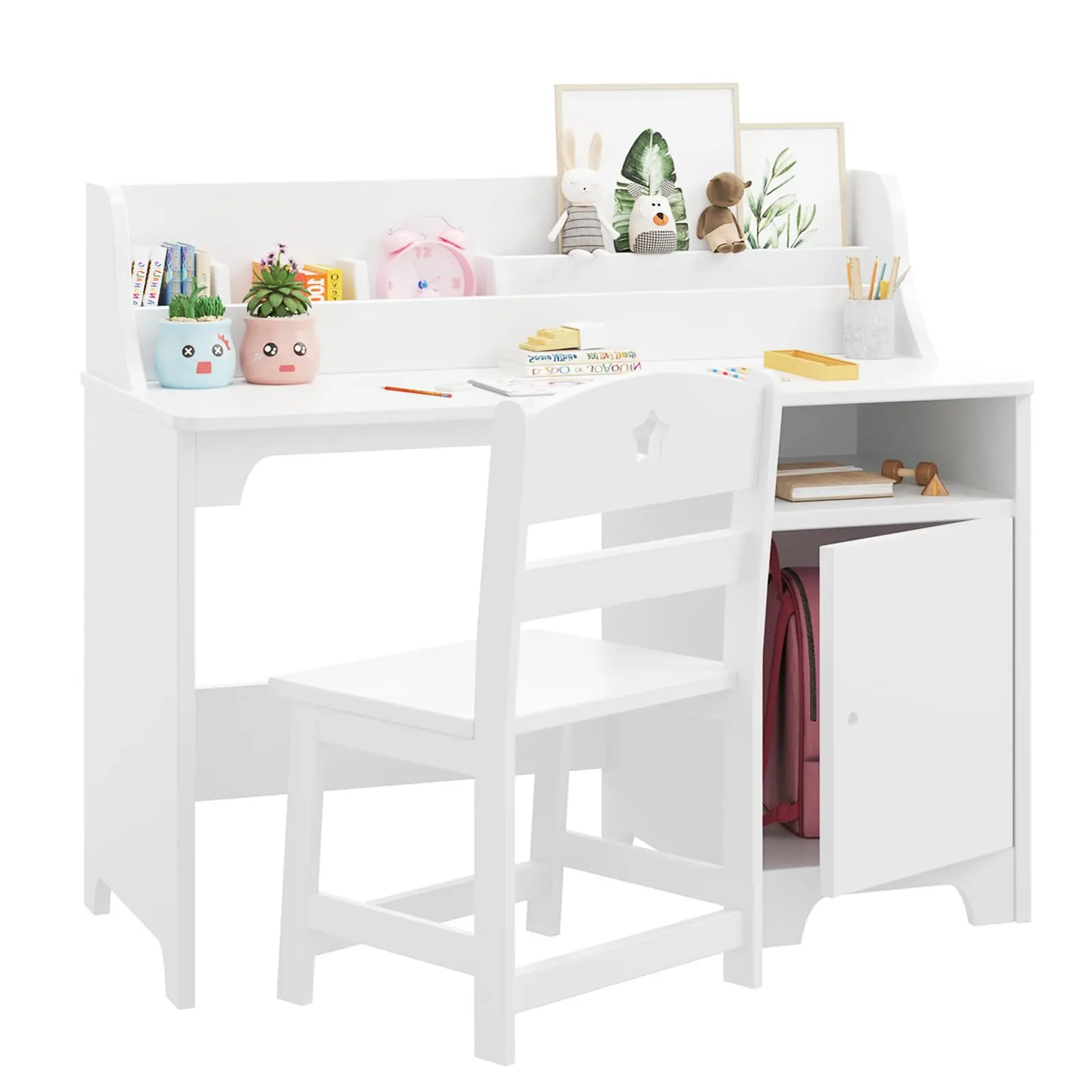 

Kids Study Desk with Chair,Wooden Children Study Table, Kids Desk & Chair Sets with Hutch and Storage Cabinet Writing Desk