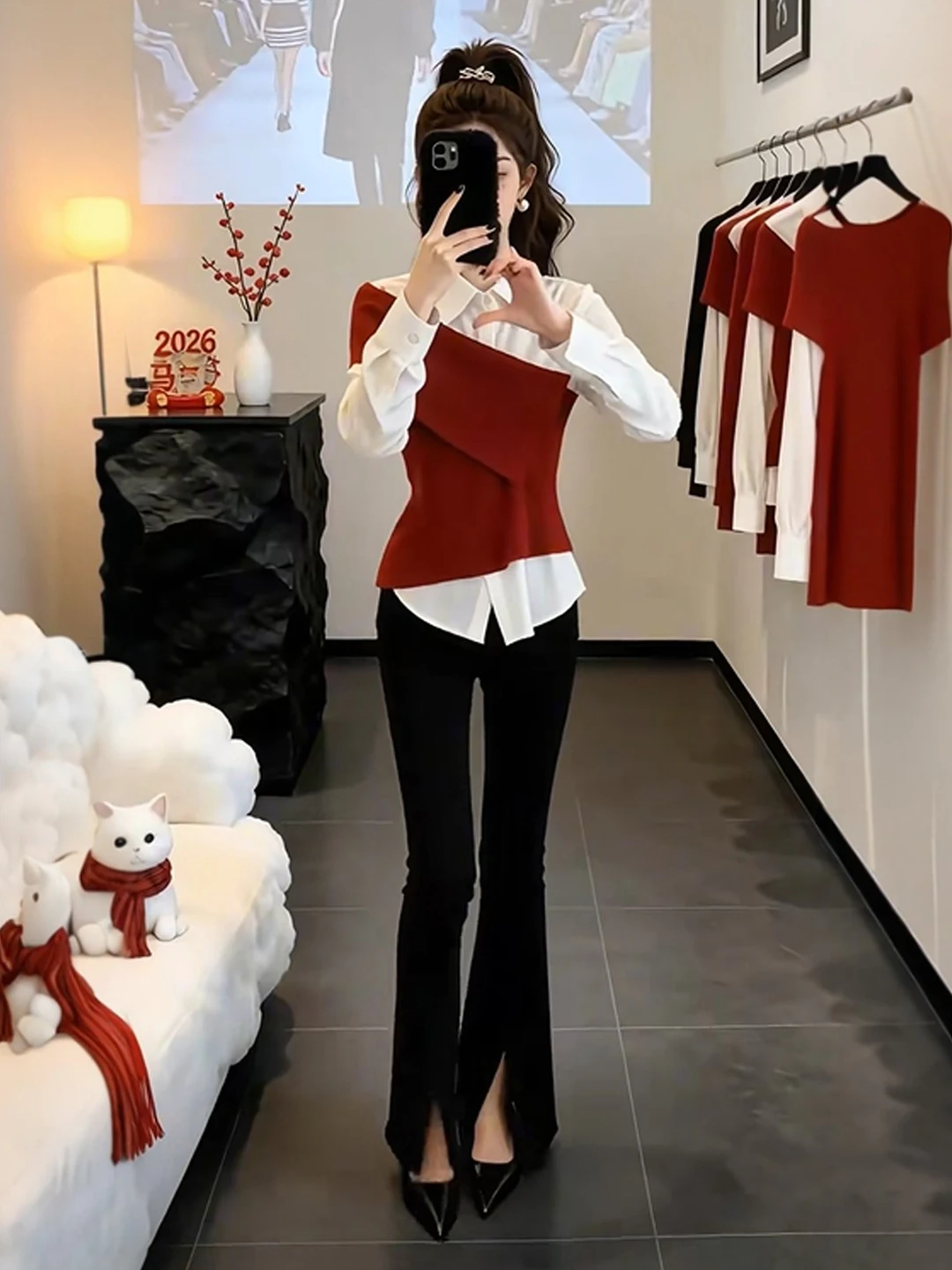 

Unique Design Sensation Beautiful Contrast Color Shirt Korean Style Slim Fit Top Stylish Unqiue Fashionable Spring 2026