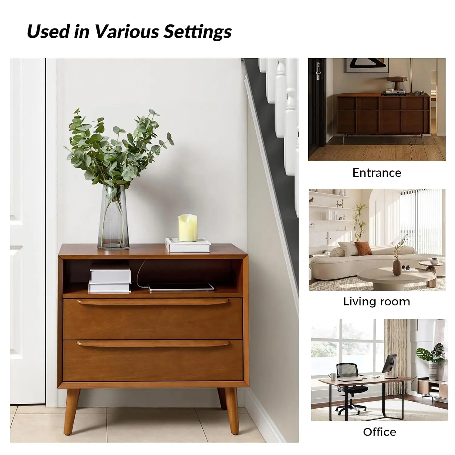 End Table with Charging Station, Mid-Century Modern 2 Drawer and Open Shelf, Fluted End Table（Acorn, Set of 2）, Custom - view 6