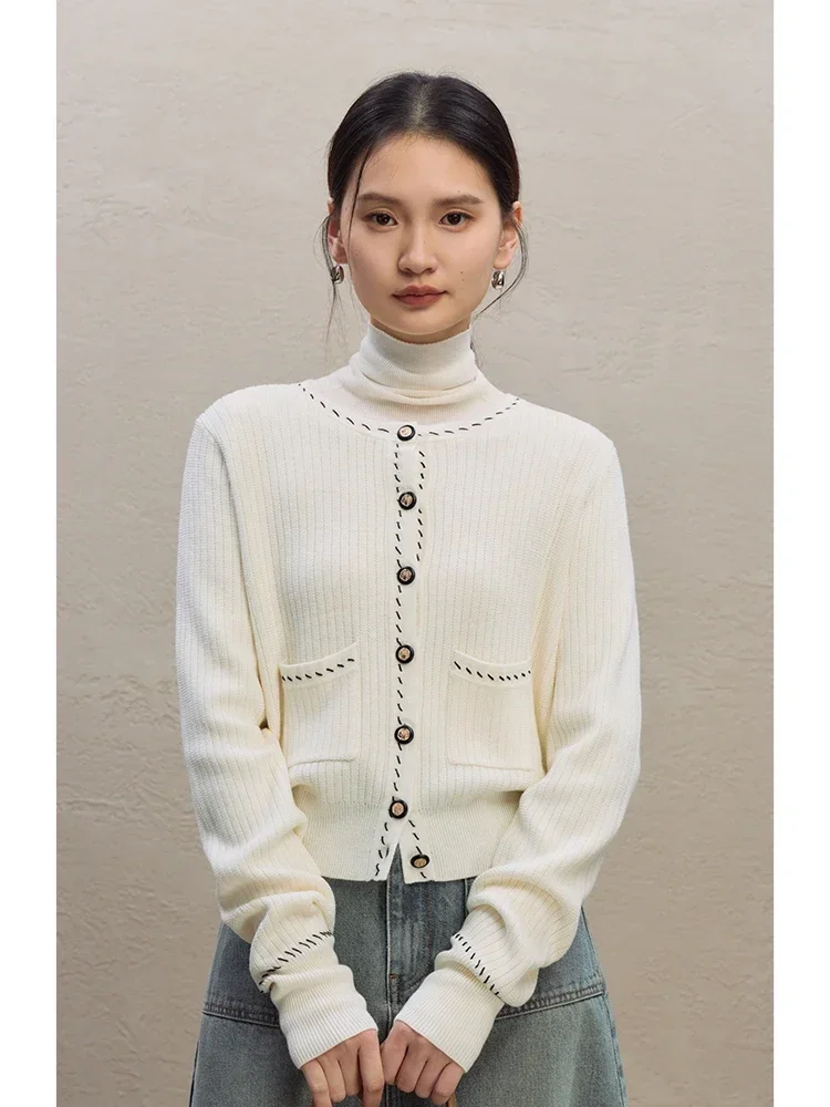 ZIQIAO 5.5% Wool Women Temperament White Short Cardigans Round Neck Winter Female Sweaters Contrasting Color Line Design Sweater