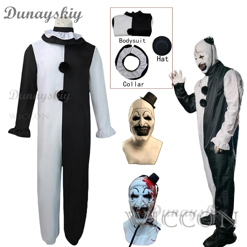 Halloween Cosplay Scary Terrifier Art The Clown Costume Mask Suit Horror Evil Joker Latex Masks Jumpsuit Carnival Dress Up Party