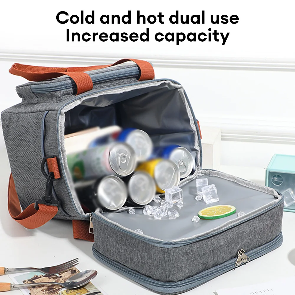 Portable Thermal Lunch Bag Double Layer Picnic Food Cooler Bags Lunch Box Waterproof Office Picnic Lunchbag With Shoulder Strap