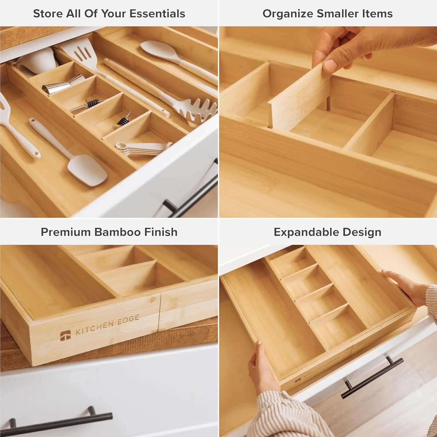 Adjustable Kitchen Drawer Organizer for Utensils and Junk, Expandable to 28 Inches Wide, 9 Compartments, 100% Natural Bamboo