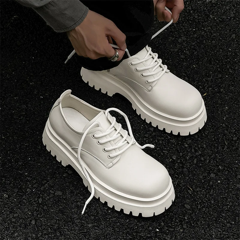 large size mens casual business office platform shoes lace-up genuine leather derby shoe black white sneakers gentleman footwear