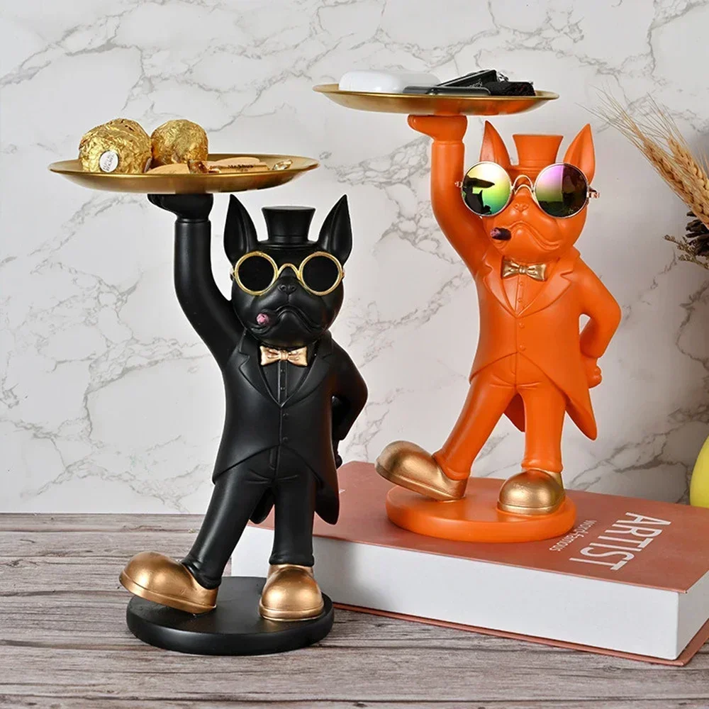 Tray Dog Statue Modern Desk Decoration French Bulldog Figurines Living Room Table Ornaments Home Interior Decor Dog Sculpture