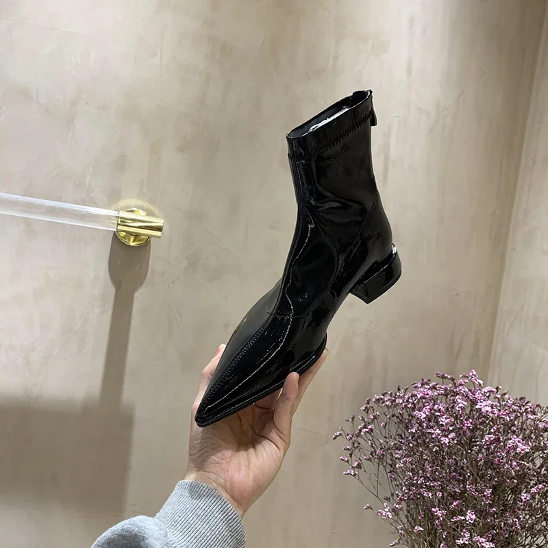 2023 New Spring Women Boots Pointed Toe Ankle Boots Ladies Fashion Zip Shoes Female Low Heel Pumps Patent Leather Short Boots